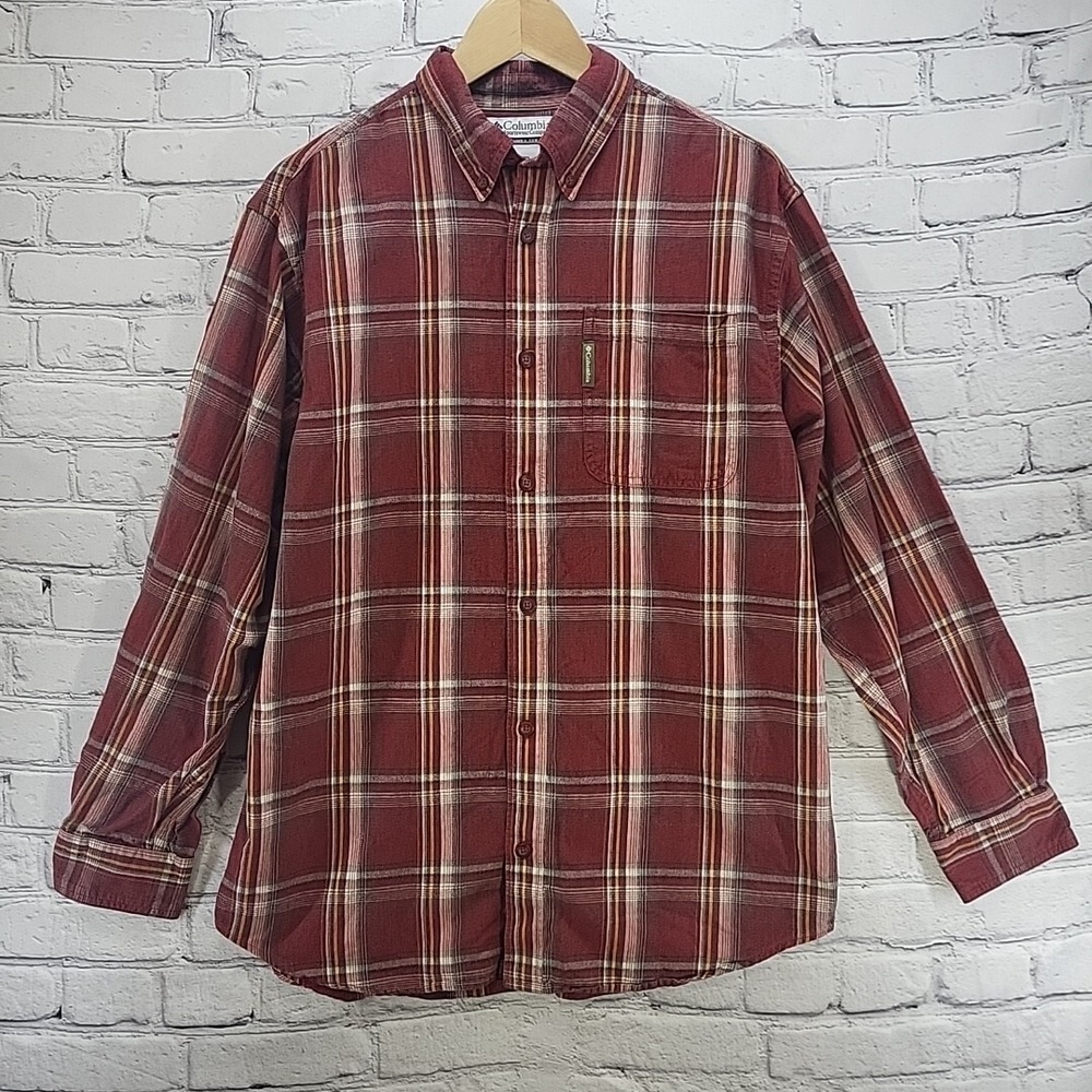 Columbia Shirt Mens Sz M Rust Red Plaid Button Front Cotton Outdoor